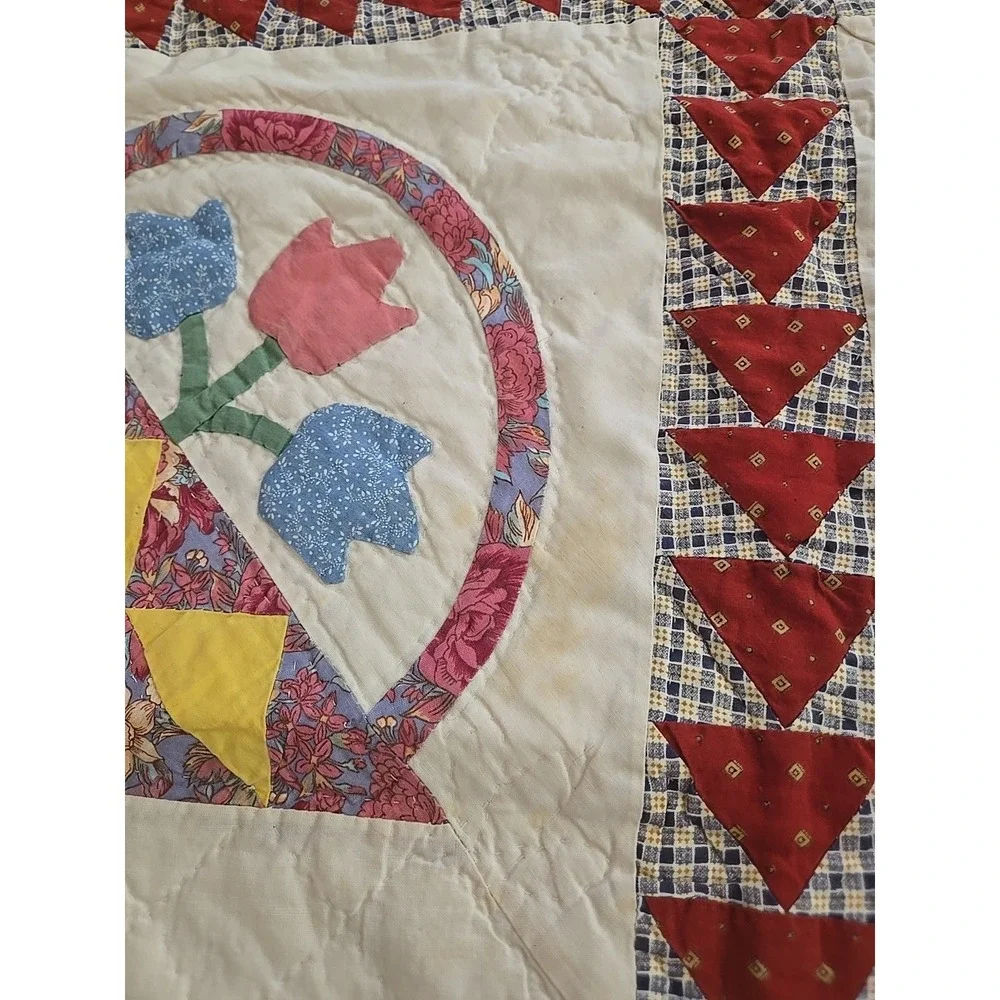 Vtg Grannycore Cottagecore Flower Basket Quilt Handmade Stiched 88